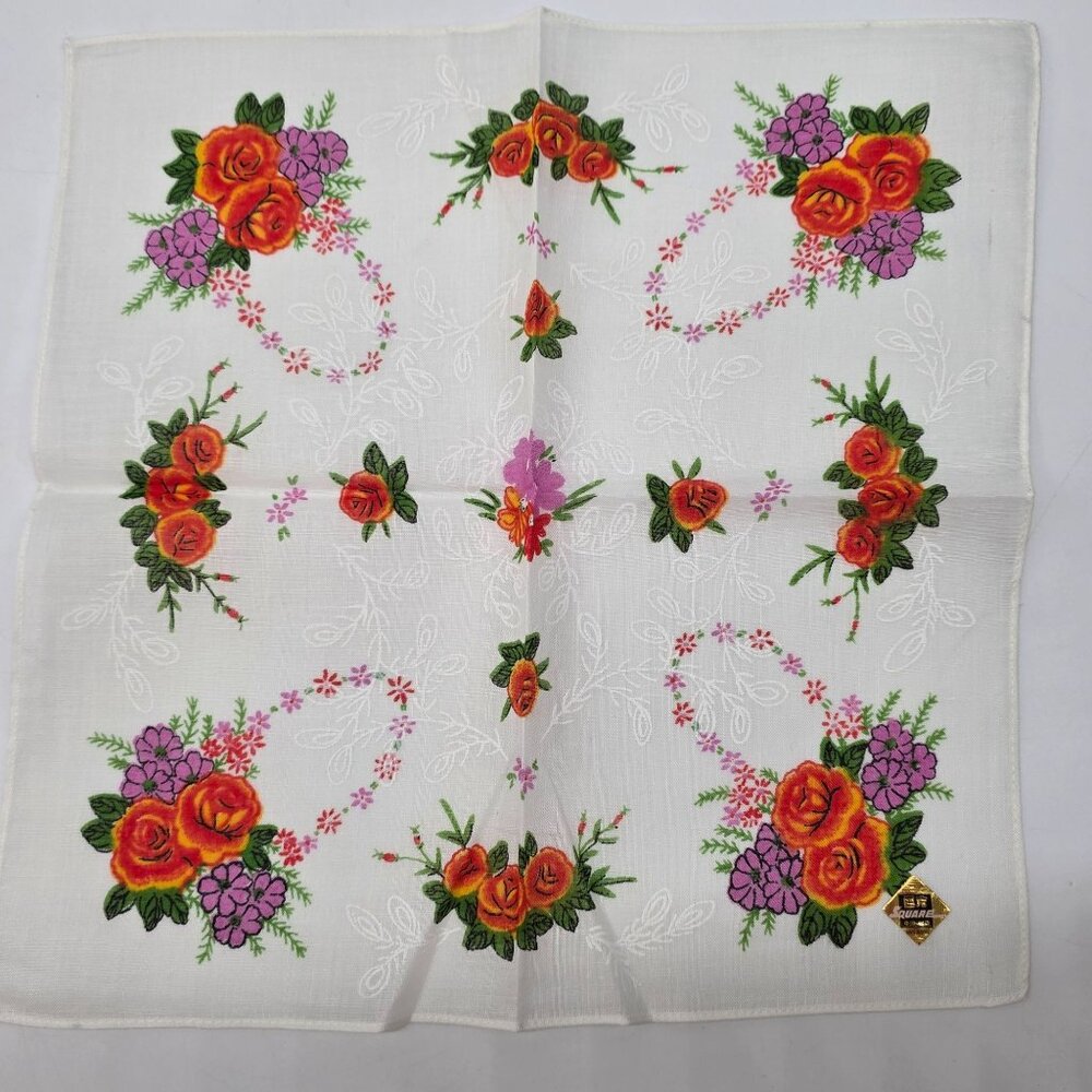 Vintage White Handkerchief With Orange Roses & Purple Floral Embroidery